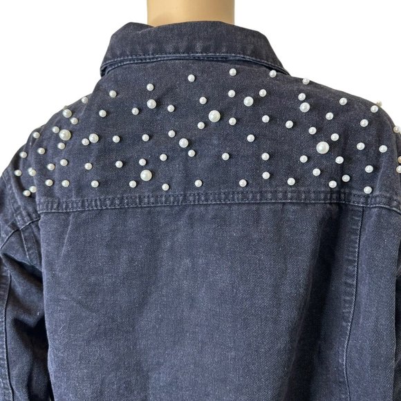 Womens Wash Denim Jackets Large Black White Mid Length Decorated With Pearls - Picture 12 of 16